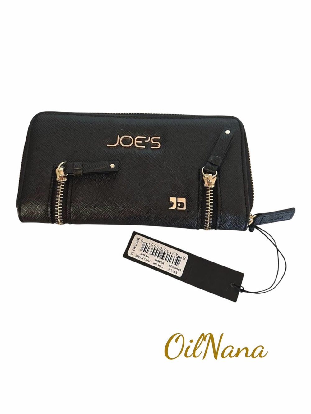 Joe's Womens Nexus Clutch Purse Black Gold Logo Zips Around‎ 4" x 8" NWT
